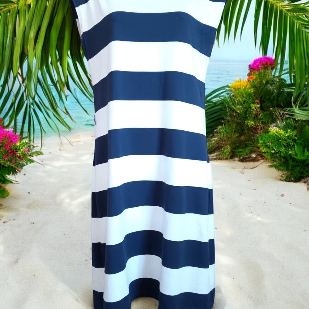 Tommy Hilfger Navy Blue & White Striped Cotton Sleeveless Belted Dress, Size S/P
